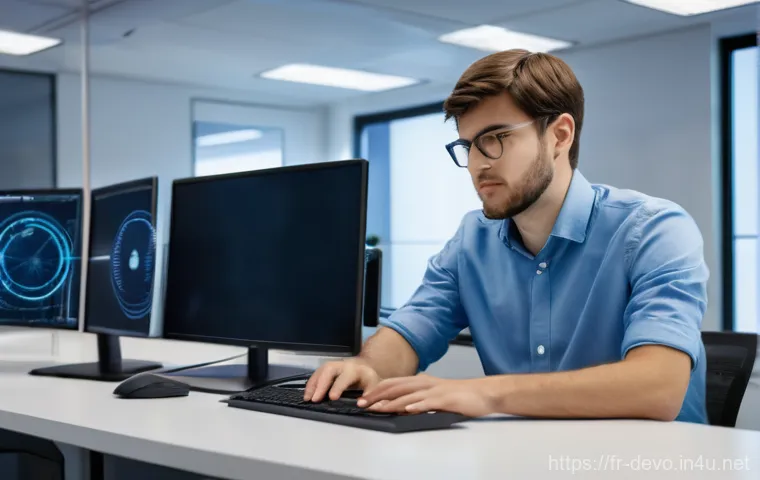 정보기기운용 실기 시험에서 자주 다뤄지는 사례 분석 - **Prompt:** A highly focused IT network engineer, a man in his late 20s, with short, neat brown hair...