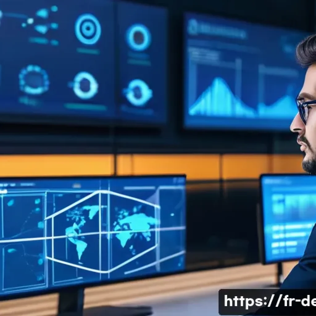 정보기기운용 자격증 취득 후 IoT 기술 직무 진출 - A professional IoT technician in a modern smart city control room, wearing business casual attire, m...