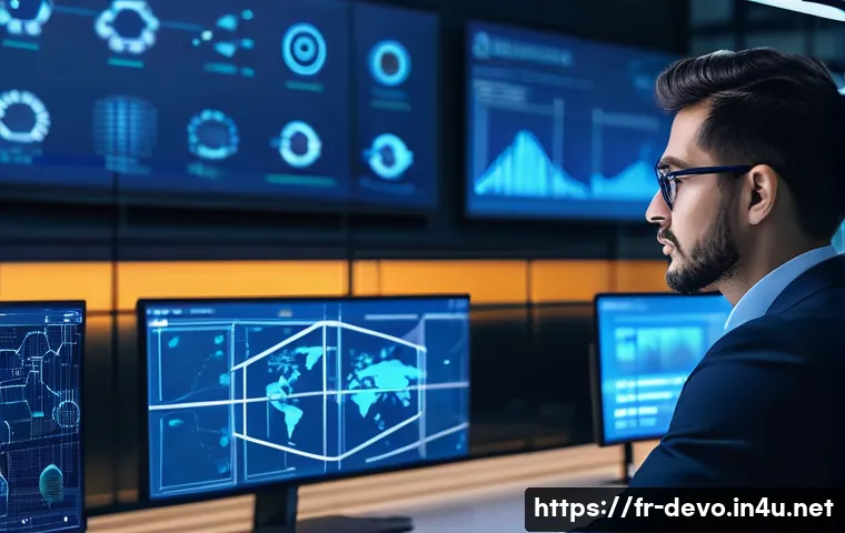 정보기기운용 자격증 취득 후 IoT 기술 직무 진출 - A professional IoT technician in a modern smart city control room, wearing business casual attire, m...