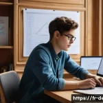 Home 22 정보기기운용 자격증 취득을 위한 필기 실기 공부법 - A modern study room scene featuring a young adult French student sitting at a wooden desk with dual ...