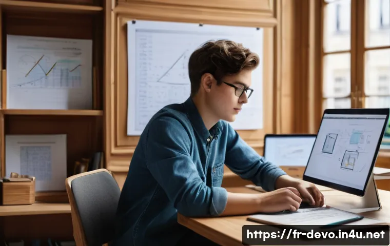 정보기기운용 자격증 취득을 위한 필기 실기 공부법 - A modern study room scene featuring a young adult French student sitting at a wooden desk with dual ...