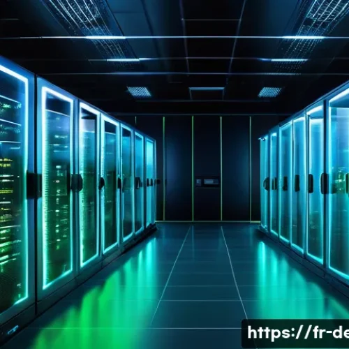 Home 32 정보기기운용 실무와 AI 시스템 관리 기술의 융합 사례 - A modern data center room filled with rows of sleek servers embedded with smart sensors and AI modul...