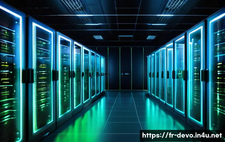 정보기기운용 실무와 AI 시스템 관리 기술의 융합 사례 - A modern data center room filled with rows of sleek servers embedded with smart sensors and AI modul...