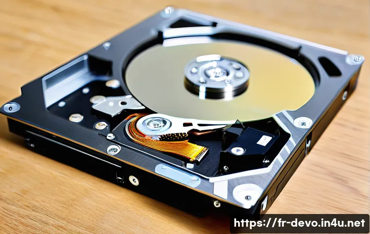 정보기기운용 실무에서 발생한 하드웨어 고장 처리 경험 - A detailed close-up of a computer hard drive with visible signs of wear: the metal casing slightly s...