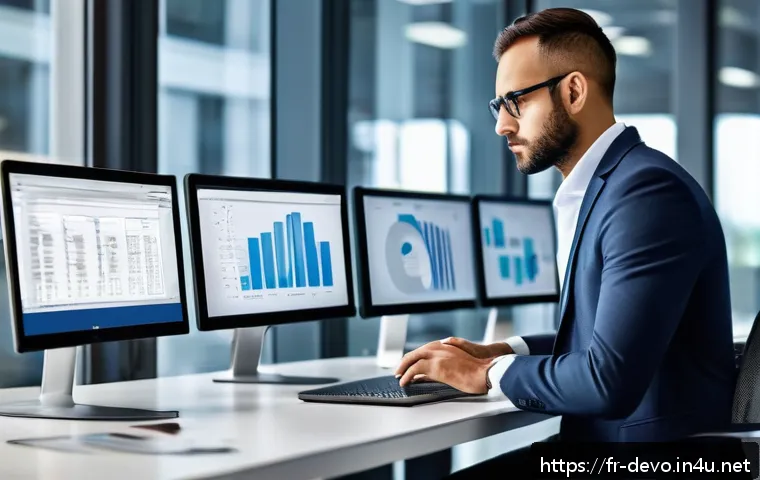 정보기기운용 자격증 취득 후 이직에 성공한 경험담 - A professional IT equipment manager in a modern French office environment, working on a sleek laptop...